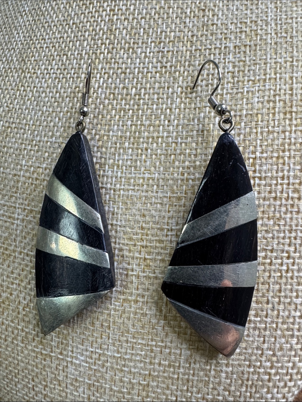 Handcrafted Black and Silver Teardrop Dangle Earrings - Wood